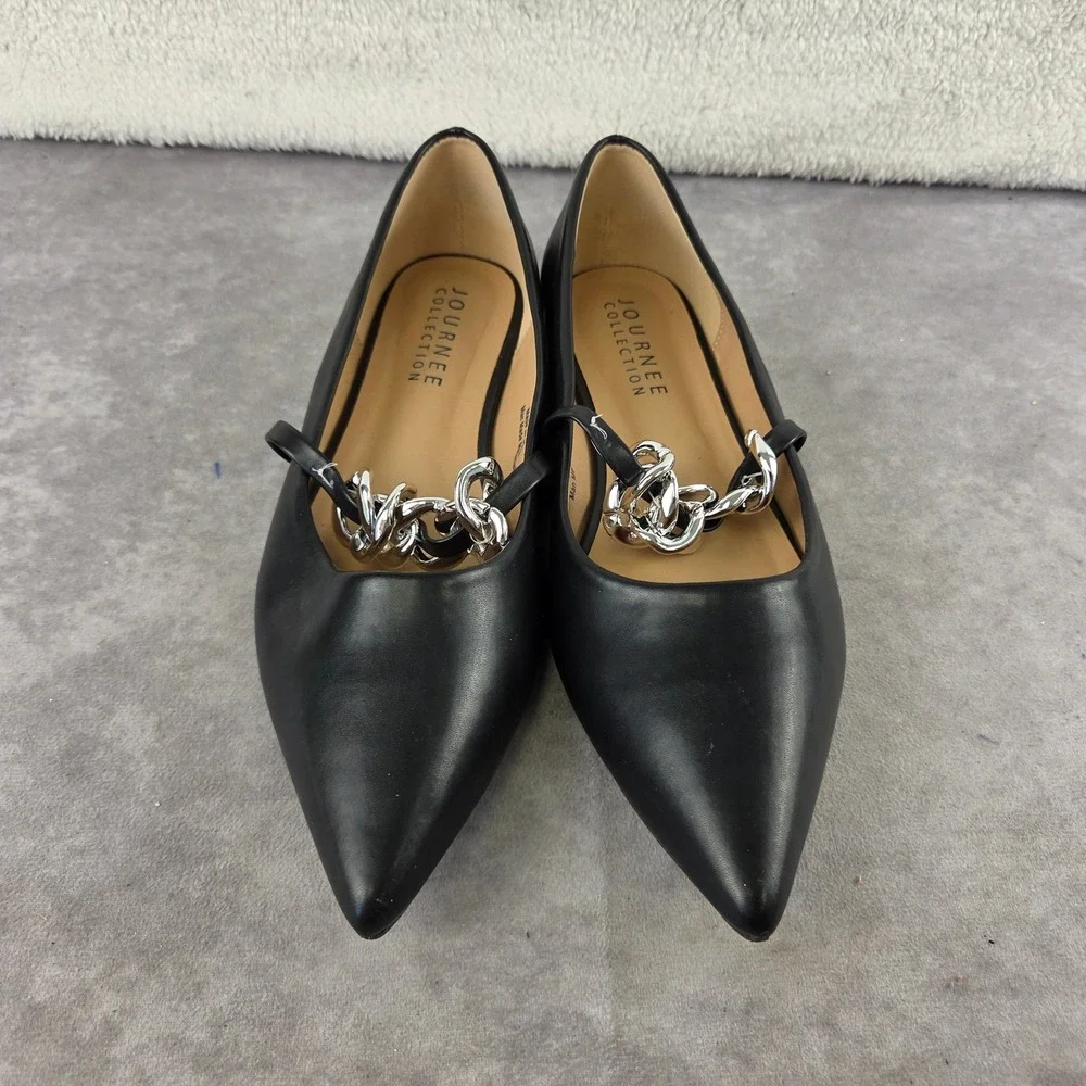 Journee Collection Black Pointed Toe Flats Silver Chain Link Detail Size 11